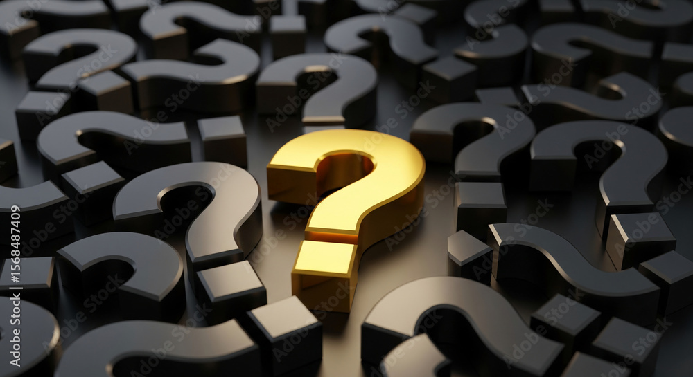 Poster Gold question mark among many black ones, representing unique solution or standing out from the crowd, ideal for problem-solving or business concepts