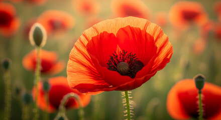Close-up of single red poppy flower, delicate petals, vibrant color,  field of poppies in soft focus background, representing summer, nature, fragility