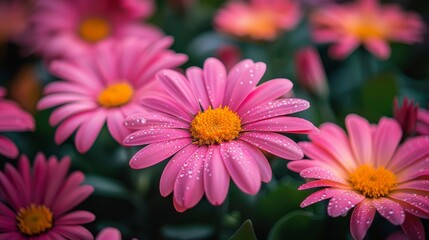 Cluster of bright pink daisies with yellow centers and water droplets, against a blurred green backdrop