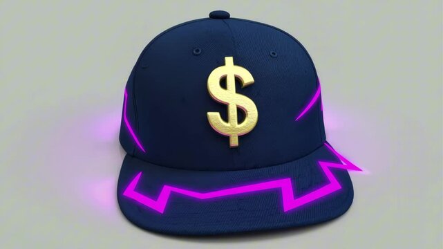 A snapback hat with a golden $ logo, comic lightning bolts, fashion rotation