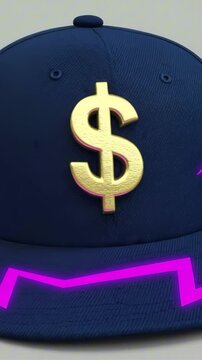vertical 9:16 A snapback hat with a golden $ logo, comic lightning bolts, fashion rotation