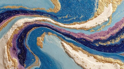   A clear shot of a vibrant abstract artwork featuring shades of blue, purple, gold, and white intertwined on a blue canvas