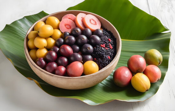 Tropical Amazon Fruits in Rustic Bowl on Banana Leaf