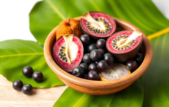 Rustic Bowl with A&ccedil;ai, Camu-Camu, Bacaba and Guava on Banana Leaf