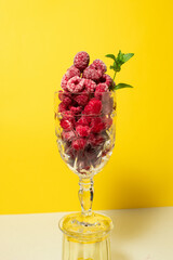 Frozen raspberry fruit with mint in a glass. Still life