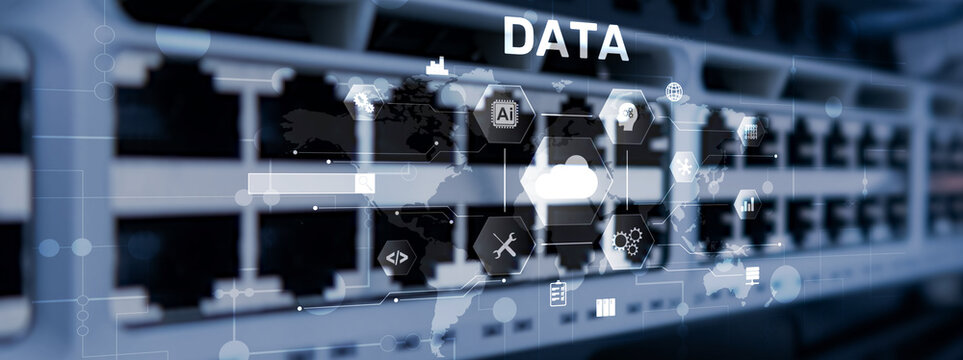 Cloud server and computing, data storage and processing on server background