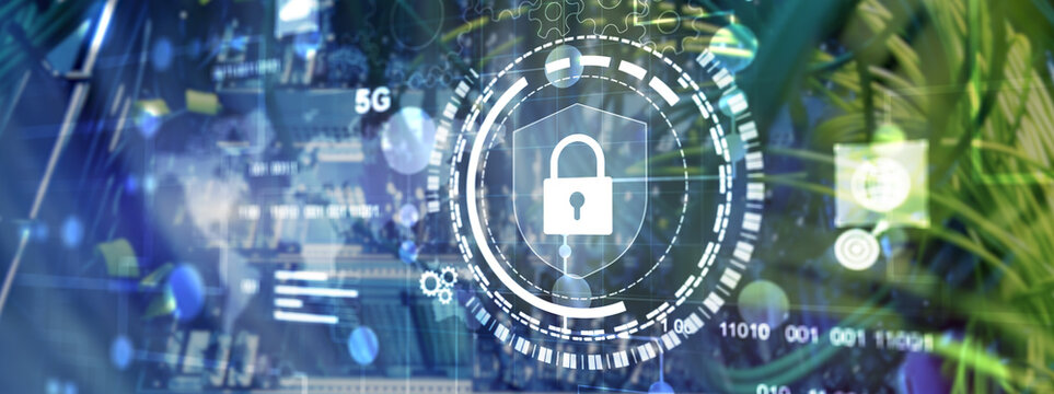 Cyber protection shield icon on server room background. Information Security 2025