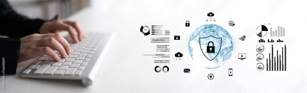 Poster cyber security protects against breaches, hacks, and network attacks using strong infrastructure and