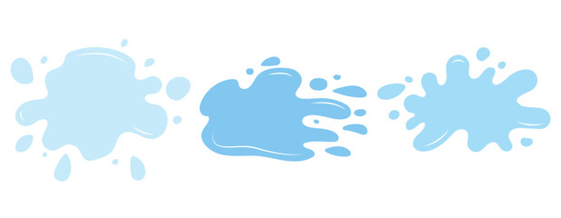 Blue water shapes set, splashes collection with uneven fluid wavy label. Liquid watery graphic design elements, text backgrounds. Paint spot, blot, rain puddle, stain with drops, blobs for badge.