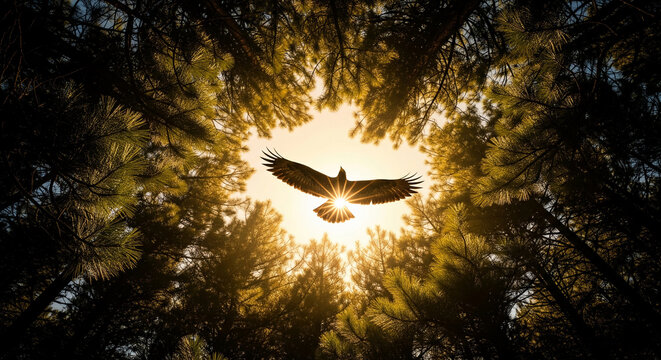 Silhouette of eagle soaring through sunlit pine trees, creating a vibrant, uplifting image symbolizing freedom, hope, and nature's power