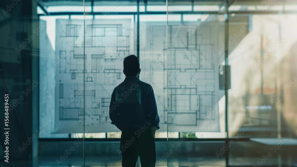 Poster A person standing in front of a large window, possibly contemplating or looking out at the view