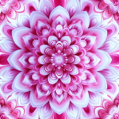 A vibrant, abstract flower with a kaleidoscope effect blooms on a meditation background in shades of pink and white.