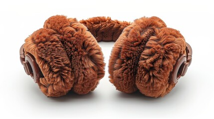 Fuzzy, brown ear muffs with a plastic band on a white background