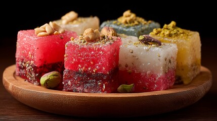 Colorful Turkish Desserts with Nuts on Wooden Board, Black Background

