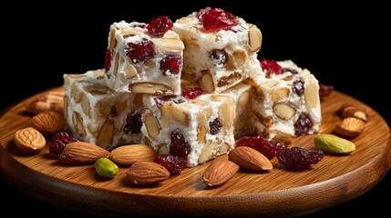 Colorful Turkish Desserts with Nuts on Wooden Board, Black Background

