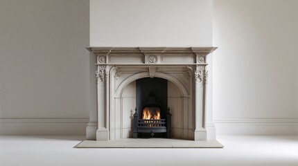 Elegant stone fireplace with roaring flames in a minimalist living room interior during the evening