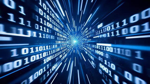 Futuristic digital data stream with binary code and light trails