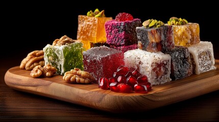 Colorful Turkish Desserts with Nuts on Wooden Board, Black Background

