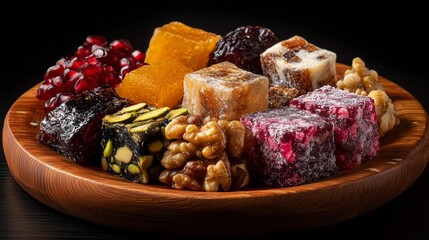 Colorful Turkish Desserts with Nuts on Wooden Board, Black Background


