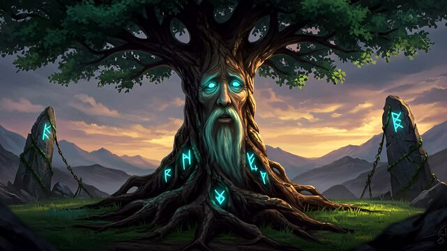 An old tree with a face among rune stones under a colorful sunset