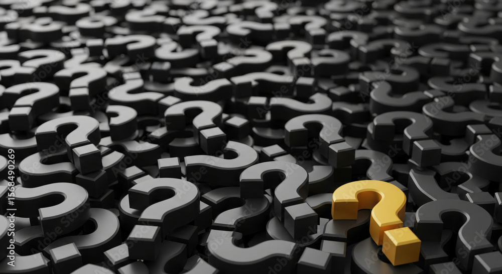 Poster Many dark gray question marks surround one gold question mark, suggesting finding answers among many questions, highlighting the importance of unique solutions or finding a solution to a problem