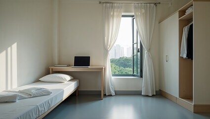 Simple bedroom design with work desk and window view in urban setting