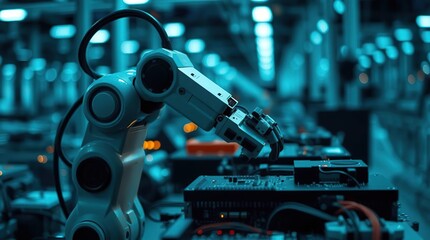 Fototapeta premium Robotic arm in automated tech factory.