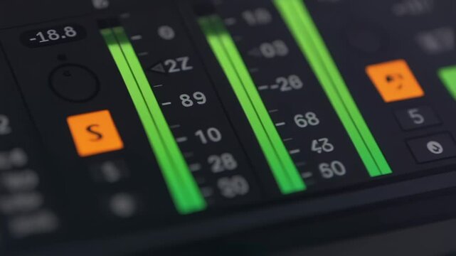 Close-up of audio mixing console with illuminated level meters in a dark environment, showcasing audio production and sound engineering.