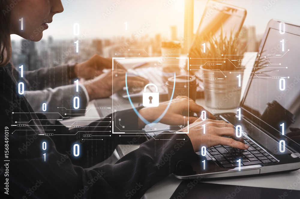 Poster cyber security protects against breaches, hacks, and network attacks using strong infrastructure and