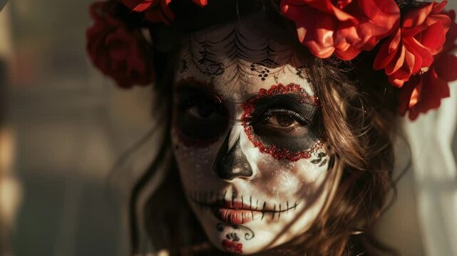 A woman wearing sugar skull makeup and flowers in her hair, inspired by Dia de los Muertos celebrations