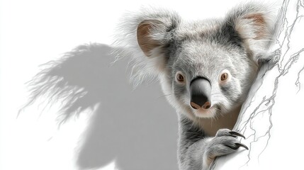 Fototapeta premium A digital painting of a koala bear emerging from behind a tree branch and casting a shadow on the wall, expertly crafted for optimal visual impact