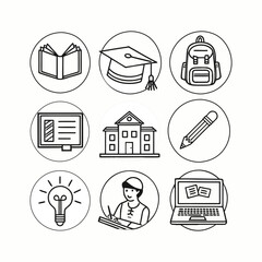 Modern Education and E-learning Vector Icon Set, Education Symbols Set: Books, Graduation Cap, Students, and More. 