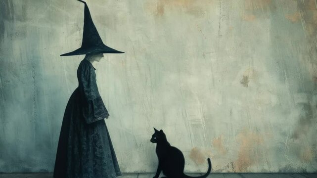 A woman wearing a pointy witch's hat sits next to a black cat, surrounded by mystery