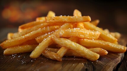 Golden french fries piled high on a wooden board, sprinkled with salt, against a blurred brown background