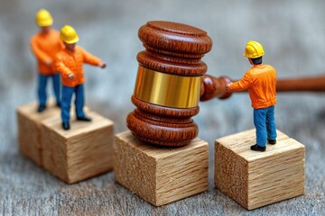 Miniature construction workers and a gavel symbolizing law and labor rights