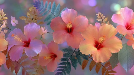   A close-up of flowers with clear leaves against a blurry background and bokeh lighting