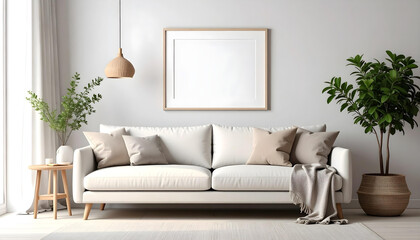 Minimalist Living Room with Empty Frame Mockup and Natural Wood Accents, Product Showcase & Design Presentation