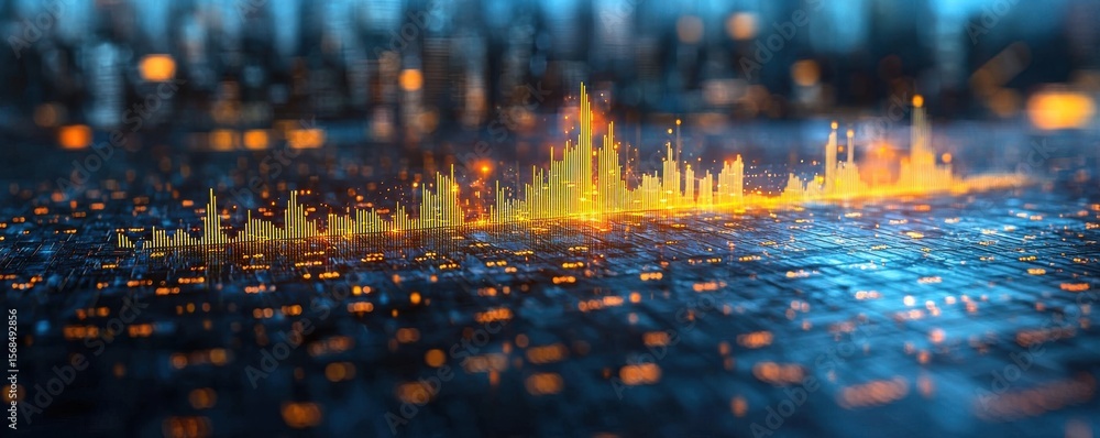 Poster visual representation of a stock market data graph in a futuristic setting