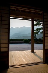 View of a zen garden and mountains through a traditional japanese shoji screen door