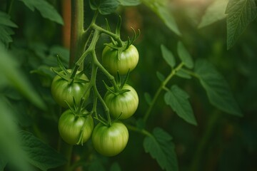 Fototapeta premium Unripe green tomatoes are growing on the vine in a greenhouse, bathed in the warm glow of sunlight, promising a future harvest of juicy, red tomatoes