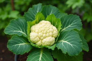 Fototapeta premium Organic cauliflower head growing amidst lush green leaves in a vibrant vegetable garden, showcasing a healthy and farm-fresh appeal that highlights the essence of natural produce