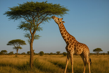 Fototapeta premium Giraffe Eating from Acacia Tree in African Savannah – Realistic Wildlife Photo in Natural Light