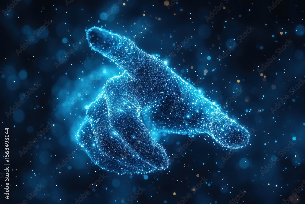 Aufkleber abstract digital representation of a pointing hand in vibrant blue particle effect
