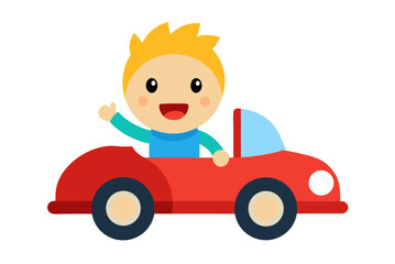 Funny red toy car cartoon vector illustration of a child driving on the road, beach, or white background