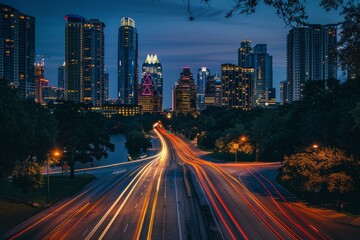 Light trails paint the highway against the backdrop of austin's illuminated skyline at dusk