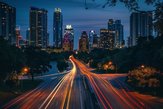 Light trails paint the highway against the backdrop of austin's illuminated skyline at dusk - Powered by Adobe