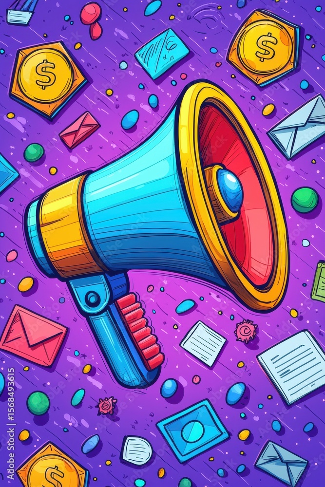 Poster megaphone broadcasting multimedia icons highlighting communication in a digital network