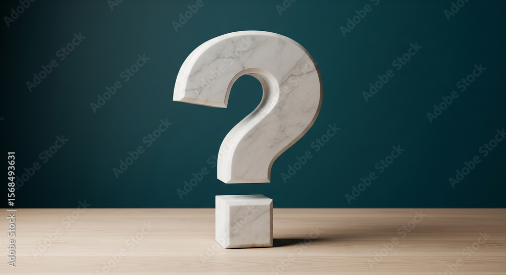 Fototapete marble question mark on wooden table against teal background. represents inquiry, uncertainty, or a 