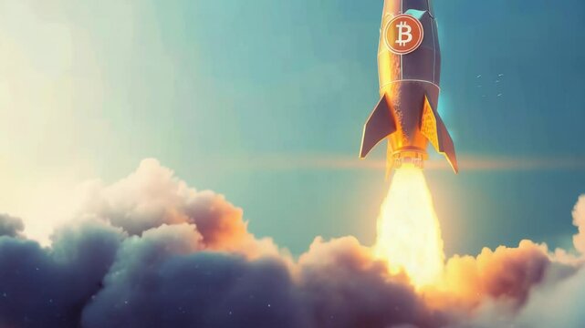 A rocket soaring through the air with a visible Bitcoin logo, a unique and attention-grabbing image