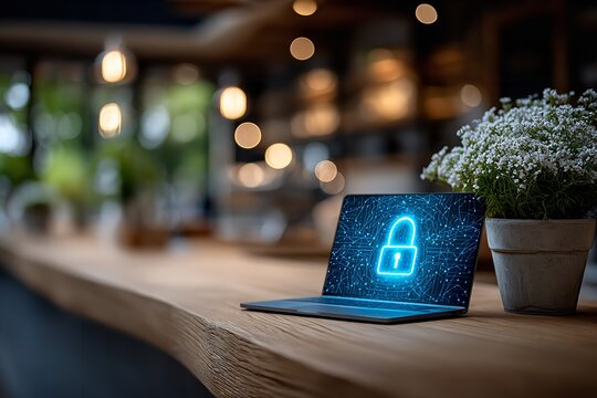 Creative digital representation of online security on a laptop placed on a wooden table in a café setting with plants - Powered by Adobe